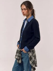 Freevana 女款拼接長袖鈕扣前襟時尚休閒針織開襟衫 - 灰色 - 查看 4