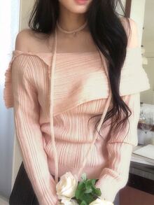 DAZY Women's Pink Off-Shoulder Large Lapel Tie-Front Fitted Ribbed Knit Short Pullover Sweater With Long Sleeves - Pink - View 5
