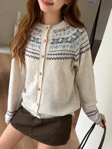 K-Vae Women's Single-Breasted Long Sleeve Knit Sweater - Multicolor - View 1