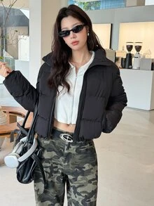 K-Vae Women's Black Hooded Cotton Padded Cropped Jacket, Autumn/Winter - Black - View 6