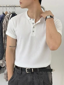 DAZY 男士黑色短袖圓領半開襟T恤 - 白色 - 查看 8