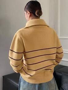 DAZY Contrast Color Striped High Neck Long Sleeve Loose Fit Horn Button Cardigan For Women - Coffee Brown - View 2
