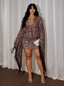 Rustia Plus Size Printed Paris Dress With Criss-Cross Front And Cinched Waist, Early Autumn - Brown - View 2