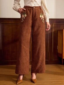 Vintamour Women's Pocket Button Floral Embroidered Pattern Long Pants - Brown - View 4