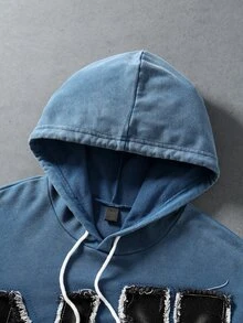 ROMWE MEN Street Life 男士連帽衛衣，破舊設計，拼接裝飾，都市復興街頭風，休閒時尚，創意個性街頭穿搭 - 藍色 - 查看 6