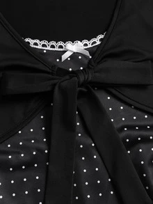 Sweetra Women's New Fashion Versatile Solid Color Patchwork Polka Dot 2 In 1 Long Sleeve Top With Front Tie Bow A-Line Neckline Contrast White Lace Bow Decor Long Sleeve T-Shirt - Black - View 6