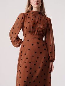 Aveloria Modichic Women's Dress Stand Collar Waisted A-Line Textured Chiffon Pleated Front Lantern Sleeve French Rust Brown Long Midi Thanksgiving Brunch Fall - Rust Brown - View 5