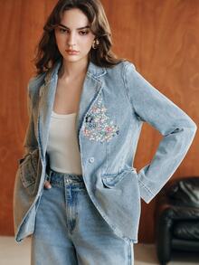 Anewsta Women's New Fashion Heavy Embroidery Luxurious Casual Comfortable Blue Jeans Jacket - Blue - View 1