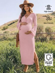 Boho Mama Maternity Solid Color Front Tie V-Neck Bell Sleeve Casual Dress Fall - Baby Pink - View 1