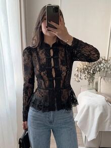 Serisse Women's Lace Frog Button Placket Ruffle Hem Blouse - Black - View 1