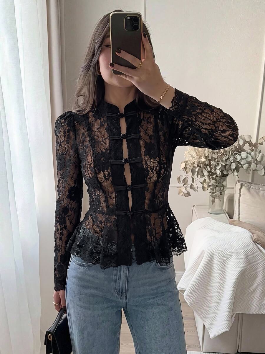 Serisse Women's Lace Frog Button Placket Ruffle Hem Blouse - Black - View 1