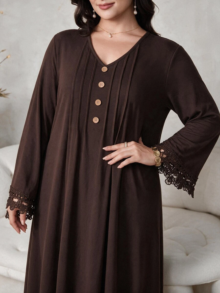 Al Najma Plus Size Women's Button Pleated Arabian Dress - Coffee Brown - View 1