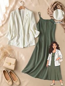 Rusticease Women's Plus Size Casual Minimalist Solid Color Camisole Dress And Blazer 2 Pieces Set - Multicolor - View 8