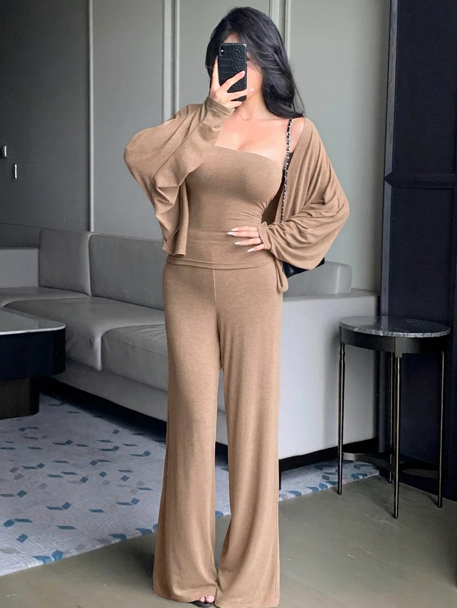 DAZY 女款3件套:灰色條紋抹胸上衣、細肩帶背心、開襟衫、T恤與直筒長褲,寬鬆休閒通勤居家穿搭,秋冬/夏季 - 卡其色 - 查看 1