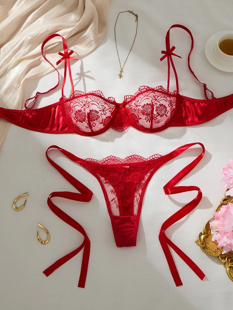 SHEIN Women's Burgundy Romantic Embroidered Tie-Up Thong Sexy 2-Piece Set - Red - View 1
