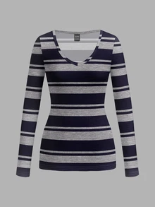 Attitoon Contrast Striped Print V Neck Tee - Multicolor - View 4