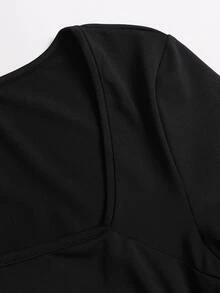 Sweetra Women's Spring/Autumn Black Square Neck Lace Patchwork Asymmetrical Hem Drawstring Design Long Sleeve T-Shirt Top - Black - View 4