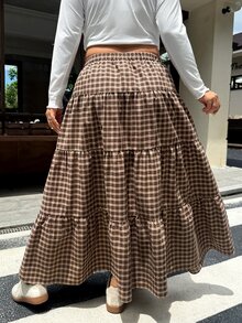 Muchica 大尺碼女款棕色格紋百褶裙，適合休閒日常穿著、度假穿搭、Y2K風格、返校造型及演唱會穿著，秋季款 - 棕色 - 查看 2