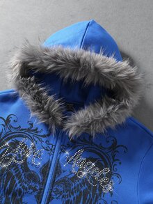 ROMWE MEN Men's Dark Rhinestone Gothic Letter Wing Print Loose Sweatshirt Fleece Hooded Sweatshirt - Blue - View 2