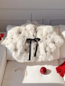 Comfortcana Women's Bow Faux Fur Coat - Black and White - View 5