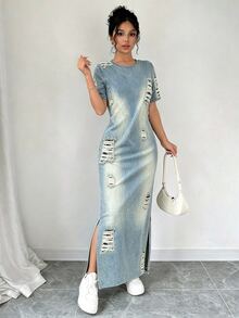 Elenzga Plus Size Women's Round Neck Split Hem Solid Color Short Sleeve Dress Maxi Women Outfit - Multicolor - View 4