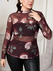 SHEIN Clasi 大尺碼女款花卉網紗長袖修身透視上衣 - 酒紅色 - 查看 9