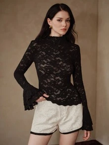 Anewsta Black Lace Ruffle Double Layer Bell Sleeve Fitted Long Sleeve Women's Top T-Shirt - Black - View 7
