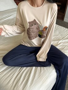DAZY Cute Cat Pattern Loose Long Sleeve T-Shirt & Solid Straight Leg Long Pajama Pants 2pcs Set Women's Sleepwear - Multicolor - View 3