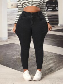 SHEIN Tall CURVE بنطلون جينز ضيق للنساء بمقاسات كبيرة - الأسود - مشاهدة 4
