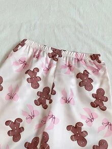 Teen Girl Christmas Gingerbread Man Print PJ Set - Pink - View 3
