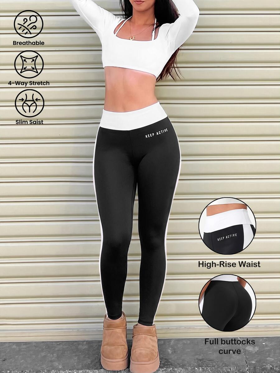 Eassivo Women's High Waist Athletic Leggings - Black and White - View 1