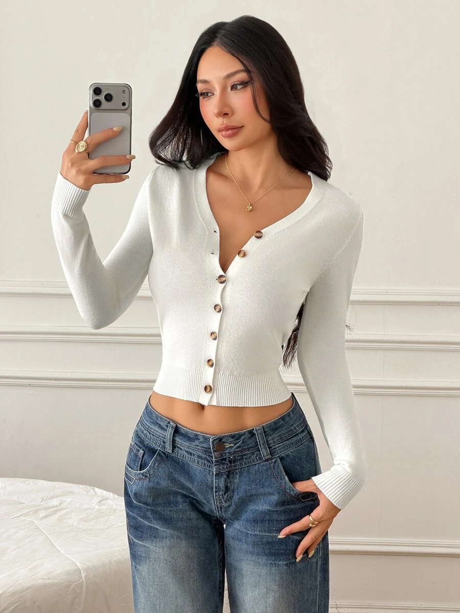 SHEIN PETITE Women's Fashion Versatile Button Long Sleeve Knit Cardigan - White - View 1