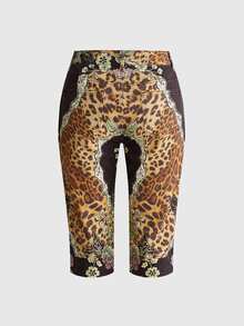 ROMWE Vintage Hippie Slim Fit Stretch Leopard Print Women's Denim Capris - Brown - View 2