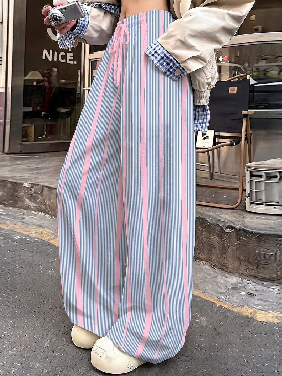 Tween Girl Retro Dopamine Colorblock Sporty Striped Drawstring Elastic Waist Casual Minimalist Comfortable Straight Leg Versatile Long Pants - Multicolor - View 1