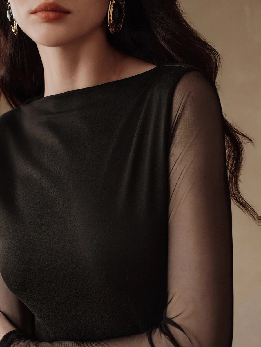 Anewsta Luxury High-End Ruched Neck Mesh Patchwork Top, Slightly Sheer Long Sleeve Fitted Versatile Commuter Innerwear - Black - View 1