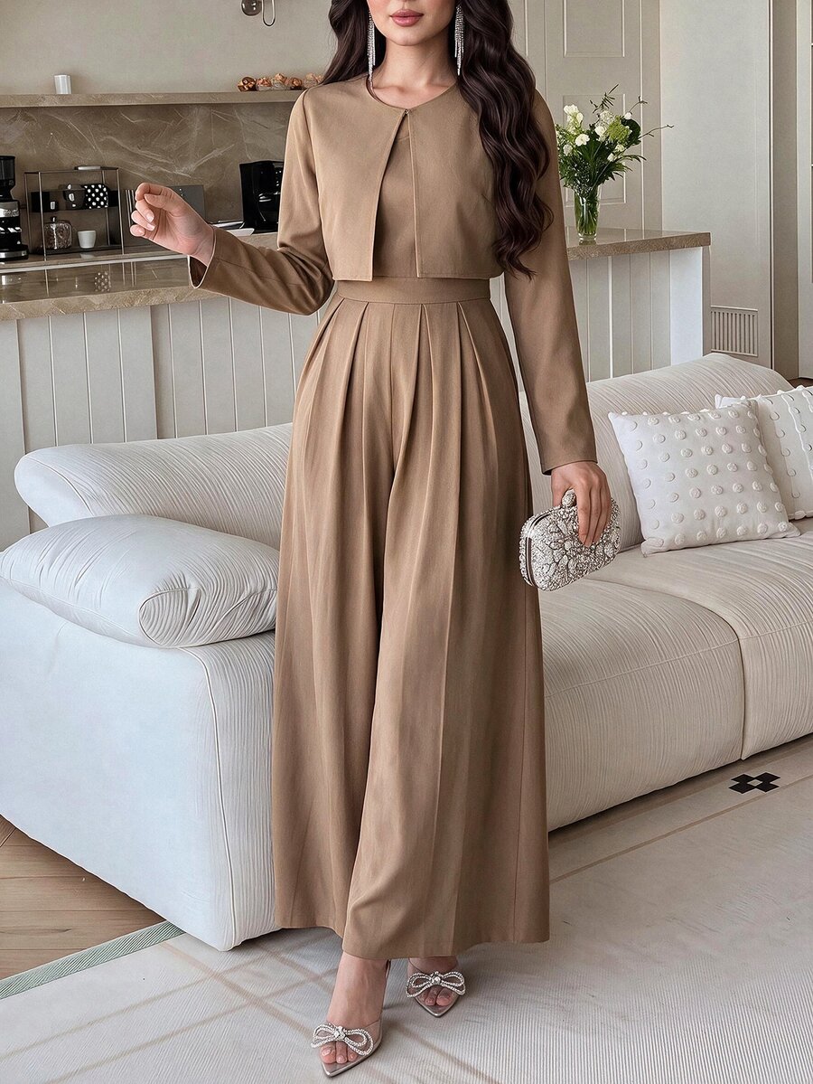 Feyla Setelan 2 Potong Wanita Polos Slim Fit Jumpsuit & Jaket Ultra Pendek Modis Minimalis - Coklat - View 1