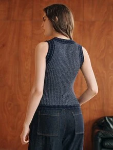 Anewsta Women's Premium Textured Contrast Trim Knit Sleeveless Tank Top, Versatile Slim Fit Base Layer - Navy Blue - View 7