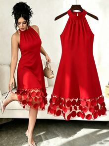 GlowEve CURVE Plus Size Women's Elegant Patchwork 3D Mesh Halter Neck Dress - Red - View 1