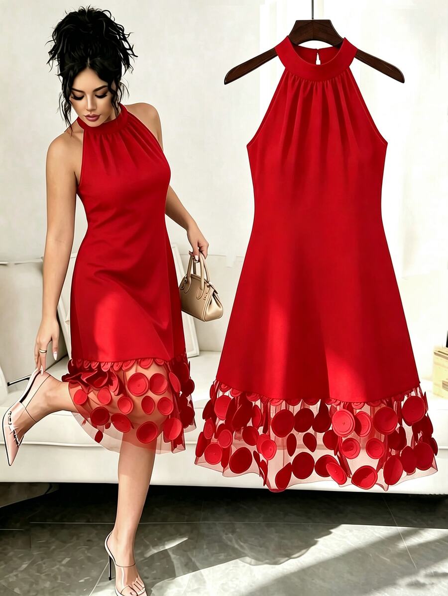 GlowEve CURVE Plus Size Women's Elegant Patchwork 3D Mesh Halter Neck Dress - Red - View 1