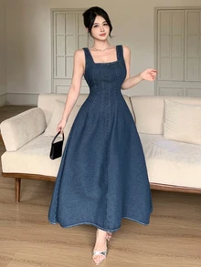 Dazy Tall Đầm denim nữ cổ vuông dây áo mỳ Ý - Rửa tối - Xem 10
