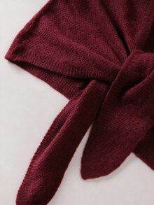 SHEIN 麻灰米色前領結針織上衣，寬鬆氣球袖短版毛衣，柔軟休閒 V 領針織衫 - 酒紅色 - 查看 5