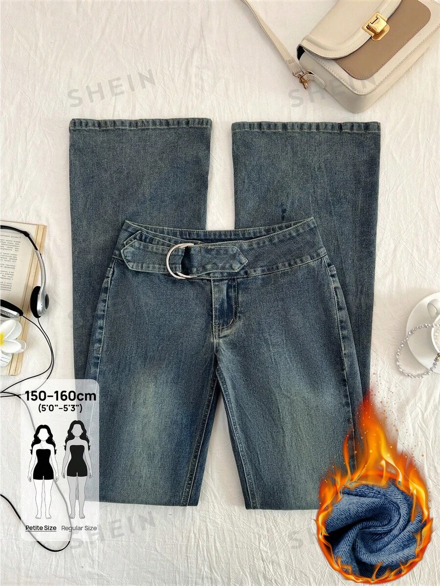 SHEIN PETITE Women's Casual Versatile Daily Wear Denim Flare Jeans - Dark Wash - View 1