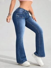 Jeanoix Y2K Casual Fashion Slim Fit Flare Leg Plus Size Denim Jeans - Dark Wash - View 7