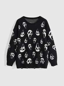 ROMWE Dark Gothic Halloween Ghost Face Jacquard Distressed Design Crew Neck Pullover Loose Fit Plus Size Sweater - Black - View 1