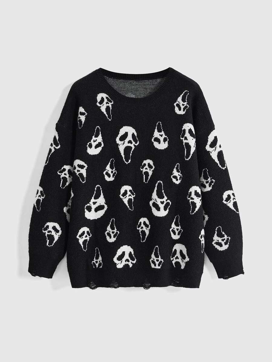 ROMWE Dark Gothic Halloween Ghost Face Jacquard Distressed Design Crew Neck Pullover Loose Fit Plus Size Sweater - Black - View 1