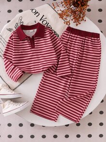SHEIN Elladie kids 女童棕色領口長袖上衣 + 鬆緊腰長褲套裝，柔軟休閒兒童兩件套服裝，適合周歲、7歲生日、秋季 - 酒紅色 - 查看 8
