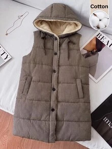 SHEIN Clasi Plaid Print Padded Hooded Vest Jacket, Autumn/Winter Vest Coat - Mocha Brown - View 7