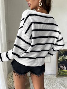 SHEIN BASICS Women's Striped Color Off Shoulder Casual Knitted Sweater, Fashionable Daily Wear - Black and White - View 6
