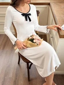Snug Reverie Contrast Binding Bow Front Lounge Dress - White - View 6