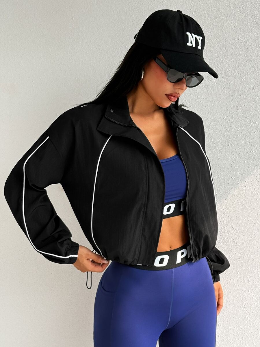 SHEIN Dewbera Jaket Olahraga Kasual Modis Wanita dengan Kerah Tegak dan Blok Warna - Hitam - View 1